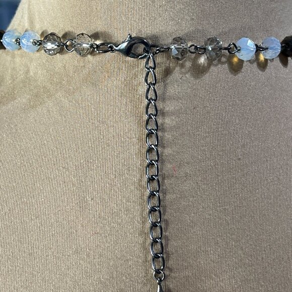 Statement Necklace Long Tassel White Druzy Silver Black 23" - Picture 5 of 5